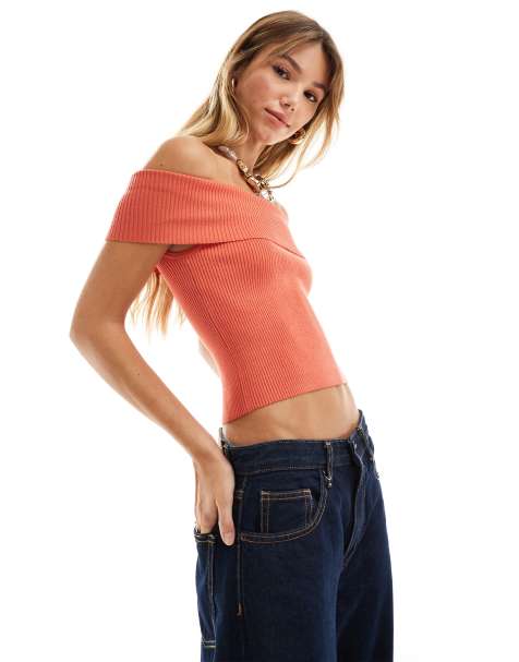 Vero Moda knitted off the shoulder top in red - view 1