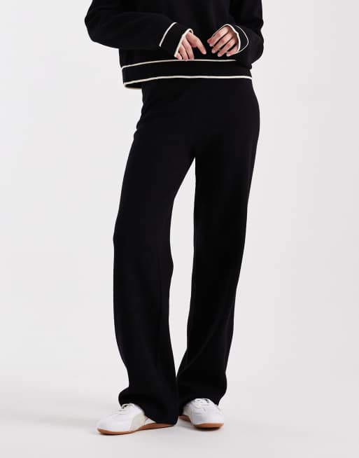 Vero Moda knitted pants with cream contrast piping in black (part of a set), 3 of 5