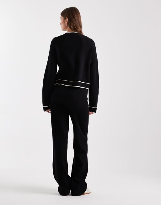 Vero Moda knitted pants with cream contrast piping in black (part of a set), 5 of 5