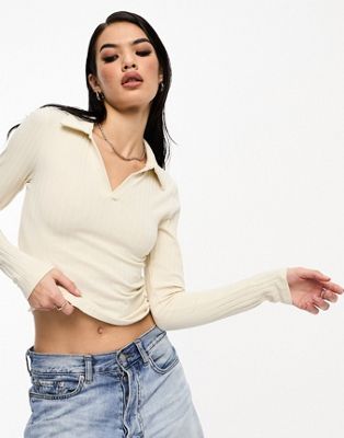 knitted polo top in cream-White