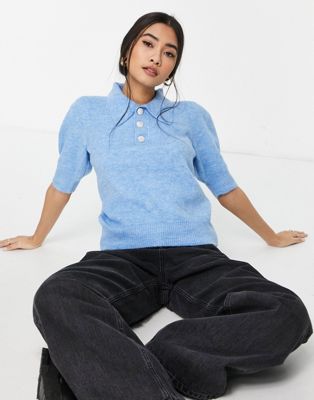 Vero Moda knitted polo top with puff sleeve and deco buttons in blue