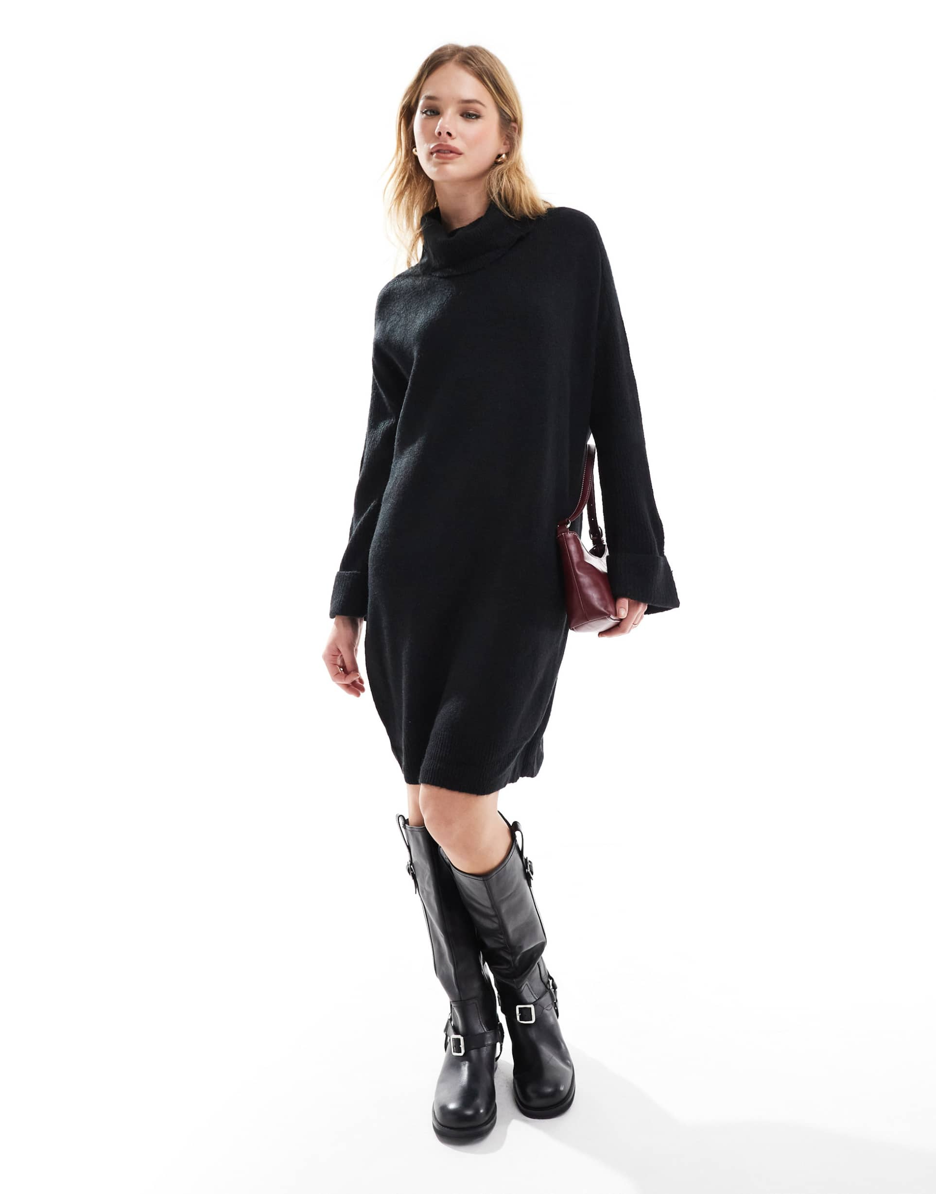 vero moda knitted roll neck mini dress in black