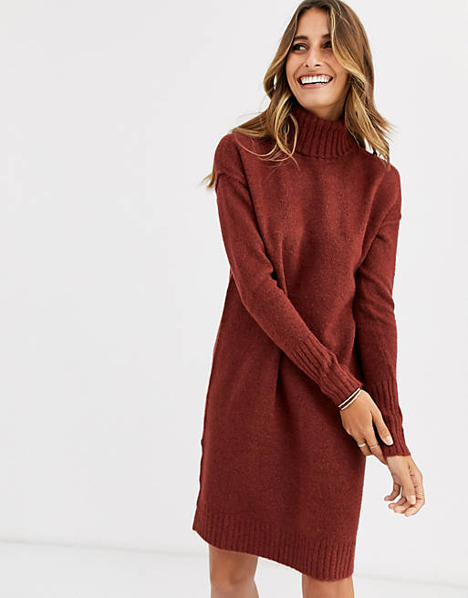 Vero Moda knitted roll neck mini dress in brown | ASOS