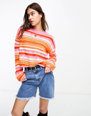 Vero Moda knitted stripe jumper in orange and pink