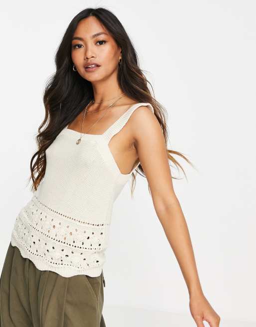 Vero Moda knitted tank top with crochet hem in cream