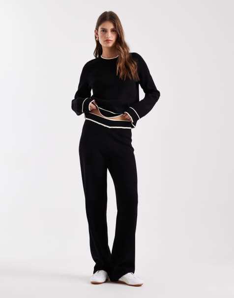 Vero Moda knitted trouser co-ord with cream contrast piping in black - view 1