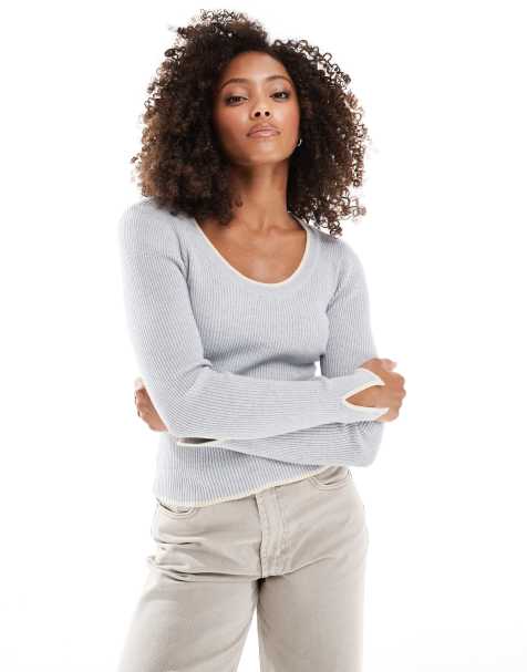 Vero Moda knitted u neck top with contrast trim in light grey melange - view 1