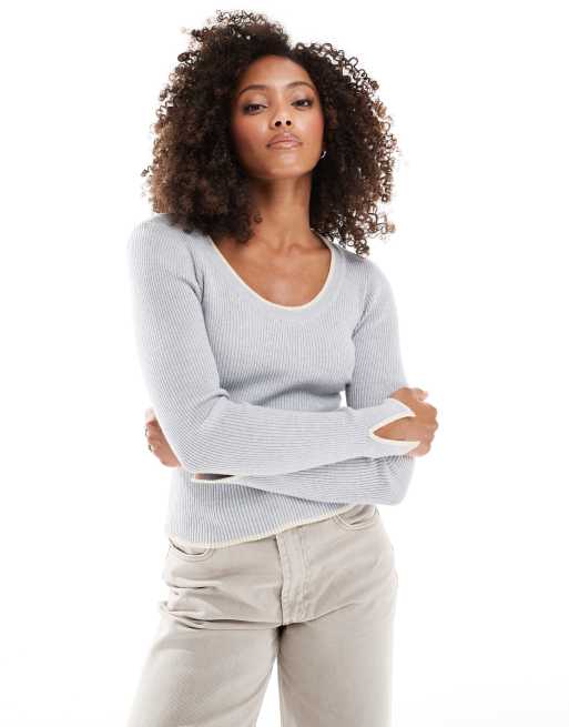 Vero Moda knitted u neck top with contrast trim in light grey melange