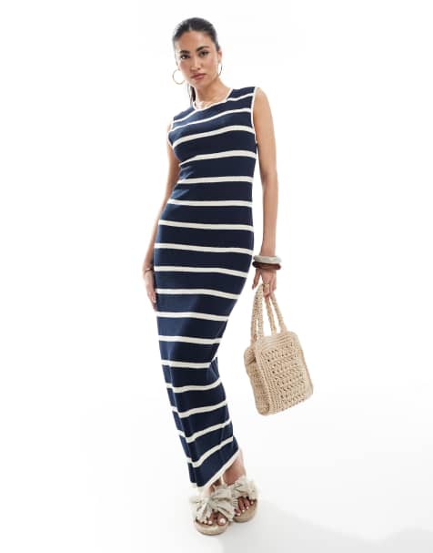 Vero Moda – Knöchellanges, gestricktes Jersey-Kleid in gestreiftem Marineblau - view 1