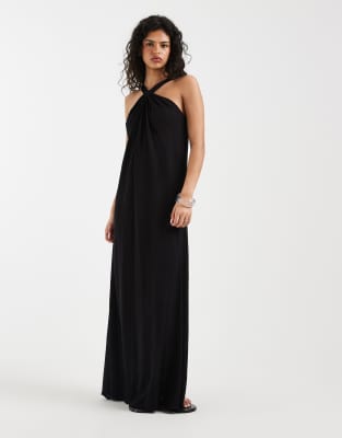 Vero Moda Knot Detail Halter Neck Maxi Dress In Black