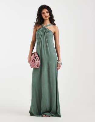 Vero Moda knot detail halter neck maxi dress in laurel green
