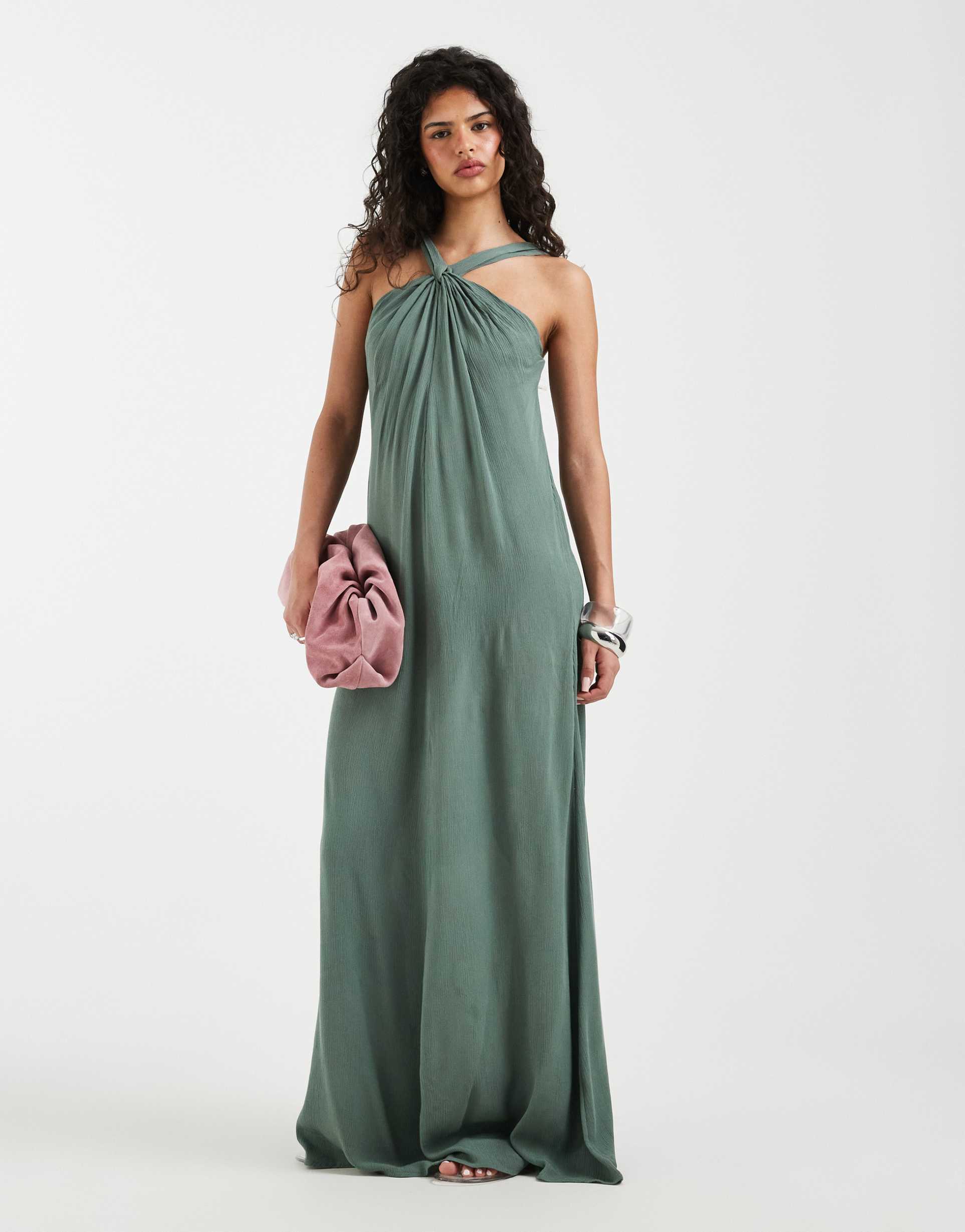vero moda knot detail halter neck maxi dress in laurel green
