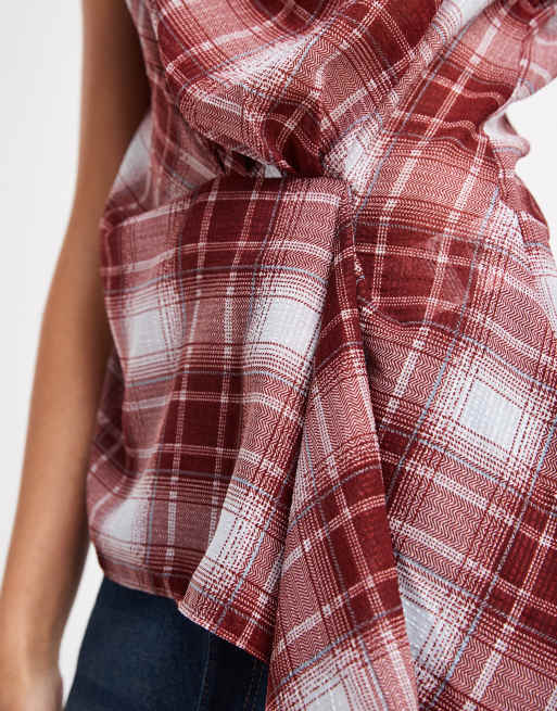 Vero Moda knot detail sleeveless asymmetric top in rust plaid, 3 of 4