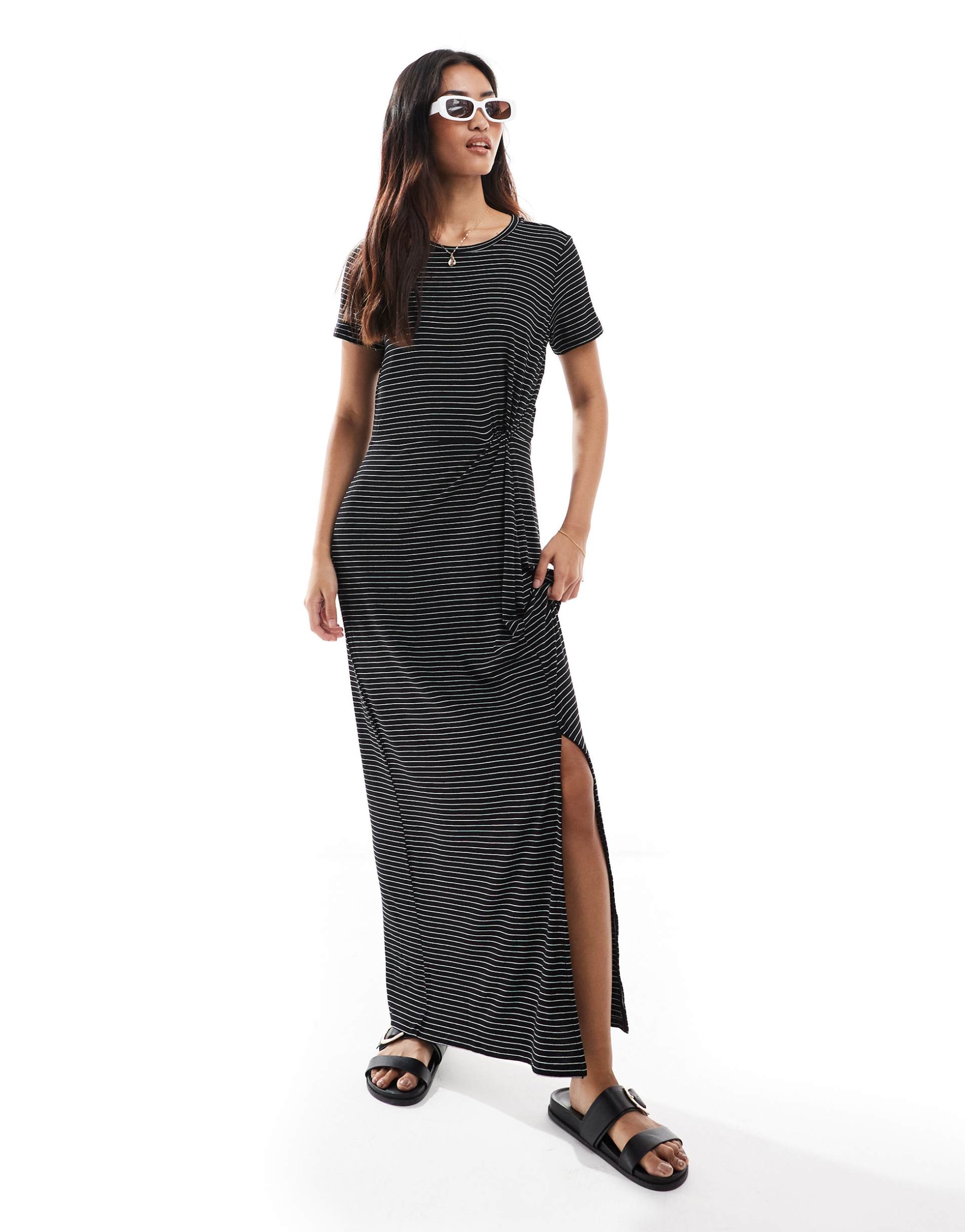 vero moda knot front maxi dress in black with white stripes