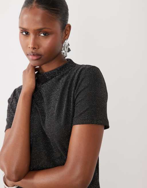 Vero Moda kortærmet minikjole med rynkedetaljer og glitter i sort, 3 af 4