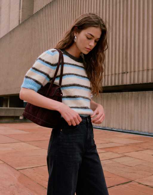 Vero Moda kortærmet striktrøje med brune og blå striber, 2 af 5