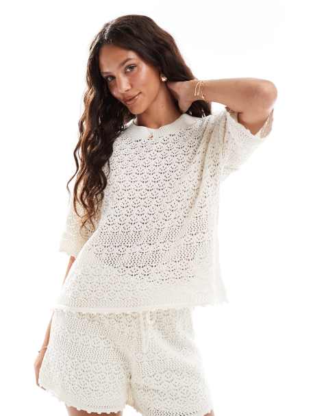 Vero Moda crochet boxy tee co-ord in birch cream