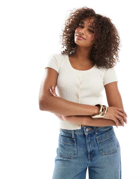 Vero Moda super soft rib knitted short sleeve button front top in birch cream