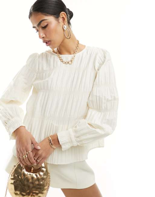 Vero Moda – Kremowy fakturowany top z długim rękawem