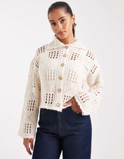 Vero Moda crochet knitted cardigan in birch cream