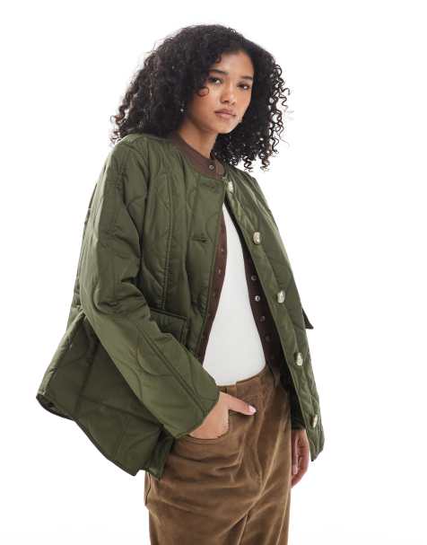 Vero Moda onion quilted short jacket with pockets in green