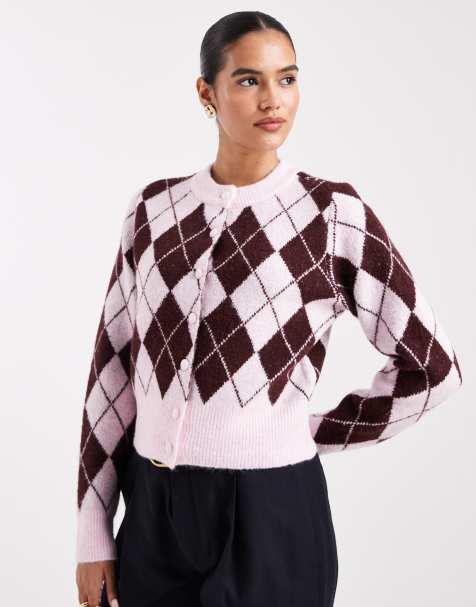 Vero Moda cropped knitted cardigan in pink and burgundy argyle check print
