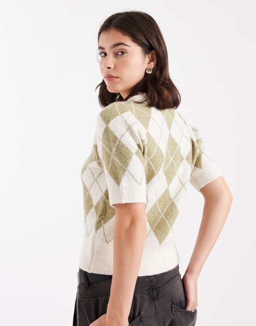 Vero Moda – Krótki sweter z krótkim rękawem w zielone romby, 2 z 4