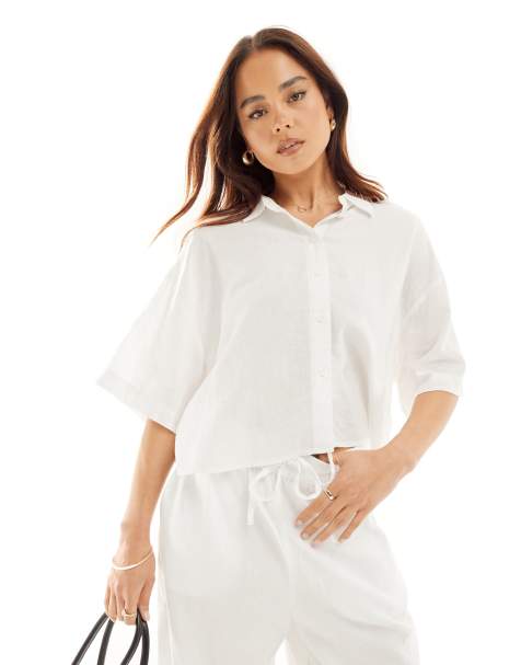 Vero Moda – Kurzärmlige, kastige Hemdbluse aus Leinen in Weiß, Kombiteil - view 1