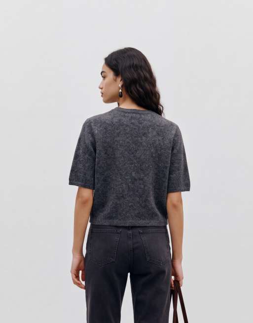 Vero Moda – Kurzärmlige Strickjacke in Dunkelgrau meliert, 4 von 5