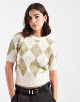 Vero Moda - Kurzärmliger Cropped-Strickpullover mit grünem, kariertem Rautenmuster-Weiß