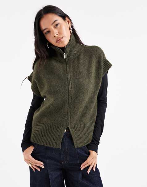 Vero Moda – Kurzärmliger Pullover in Khakigrün mit Reißverschluss vorne - view 1