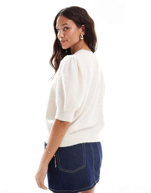 Vero Moda – Kurzärmliges Strickoberteil in Creme meliert, 3 von 4