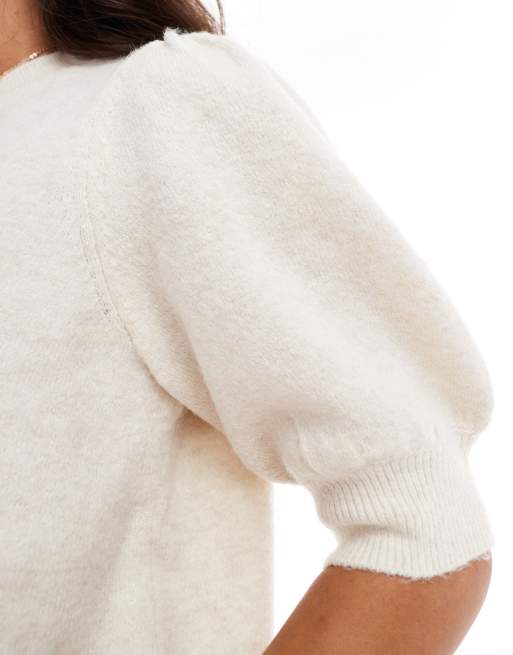 Vero Moda – Kurzärmliges Strickoberteil in Creme meliert, 4 von 4