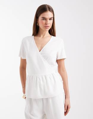 Vero Moda - Kurzärmliges Wickeloberteil in Weiß mit Leinen-Haptik, Kombiteil