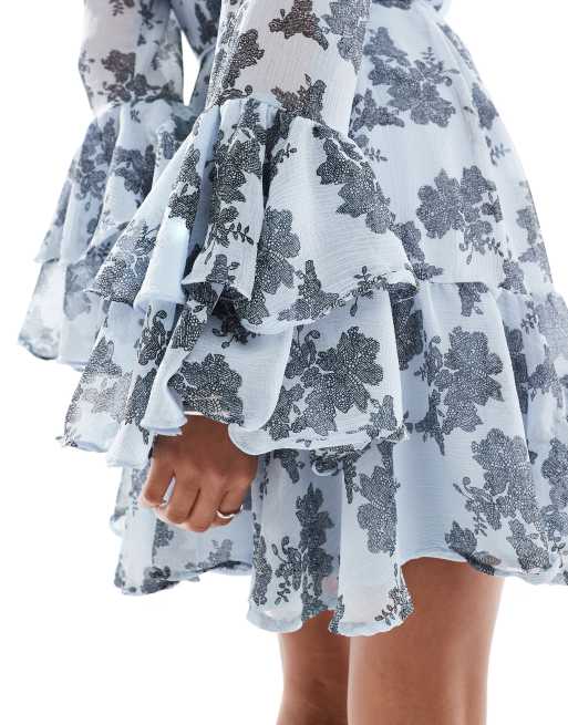 Vero Moda – Kurzes Boho-Kleid aus Chiffon mit Rüschenärmeln und blauem Blumenmuster, 3 von 4