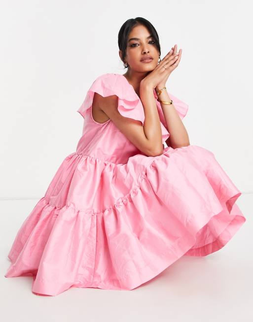 Vero Moda – Kurzes Hängerkleid in Rosa mit Oversize-Rüschen