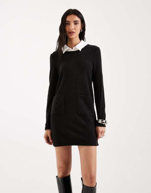 Vero Moda – Kurzes, langärmliges 2-in-1-Strickkleid in Schwarz mit Kragen aus Popeline, 3 von 4