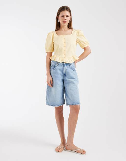 Vero Moda – Kurzes Popeline-Oberteil im Milchmädchen-Stil in Goldgelb mit Puffärmeln, 2 von 4
