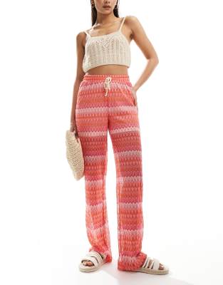 Vero Moda lace beach trouser in pink chevron print-Red