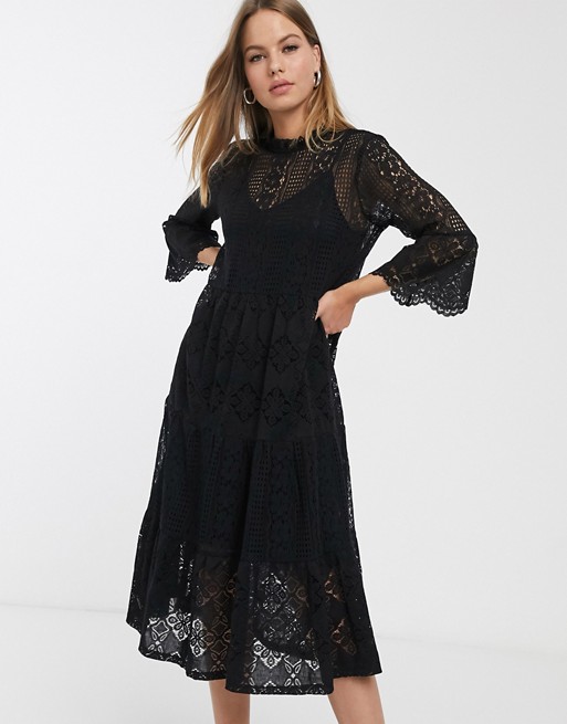 Vero Moda lace midi dress with high neck in black