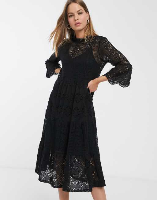 Vero Moda lace midi dress with high neck in black | ASOS