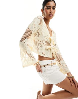 lace tie front cardigan in cream-White
