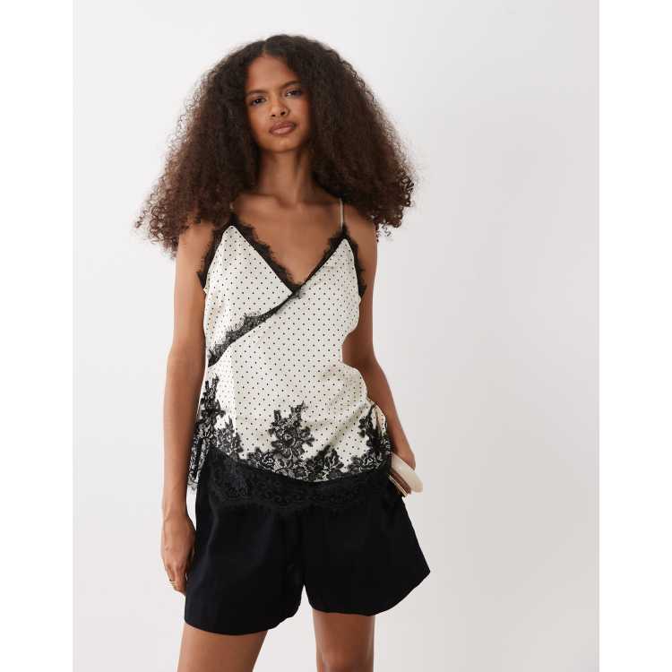 Vero Moda lace trim asymmetric detail cami top in white with black