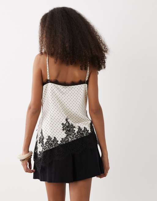 Vero Moda lace trim asymmetric detail cami top in white with black polka dot, 3 of 4