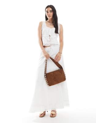 Vero Moda lace trim crinkle cotton square neck top and tiered boho maxi skirt co-ord in white - view 1