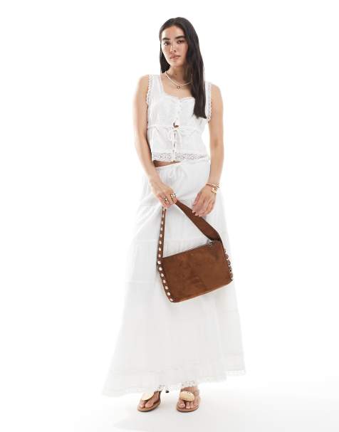 Vero Moda lace trim crinkle cotton square neck top and tiered boho maxi skirt set in white - view 1