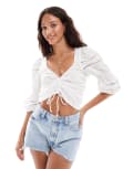 [Vero Moda] Vero Moda lace trim ruched front milkmaid top in white XS White