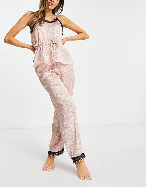 Vero Moda lace trim satin pyjama set in pink abstract print