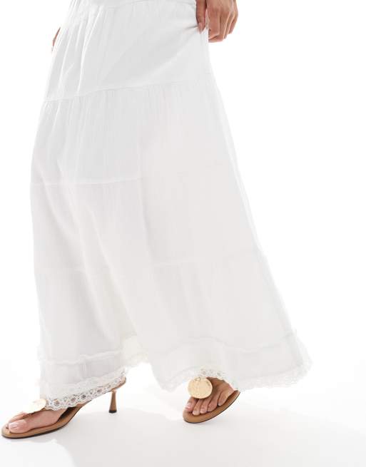Vero Moda lace trim tiered boho maxi skirt co-ord in white, 4 of 5