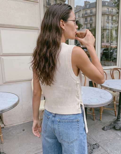Vero Moda lace up rib knit tank top in cream, 3 of 3